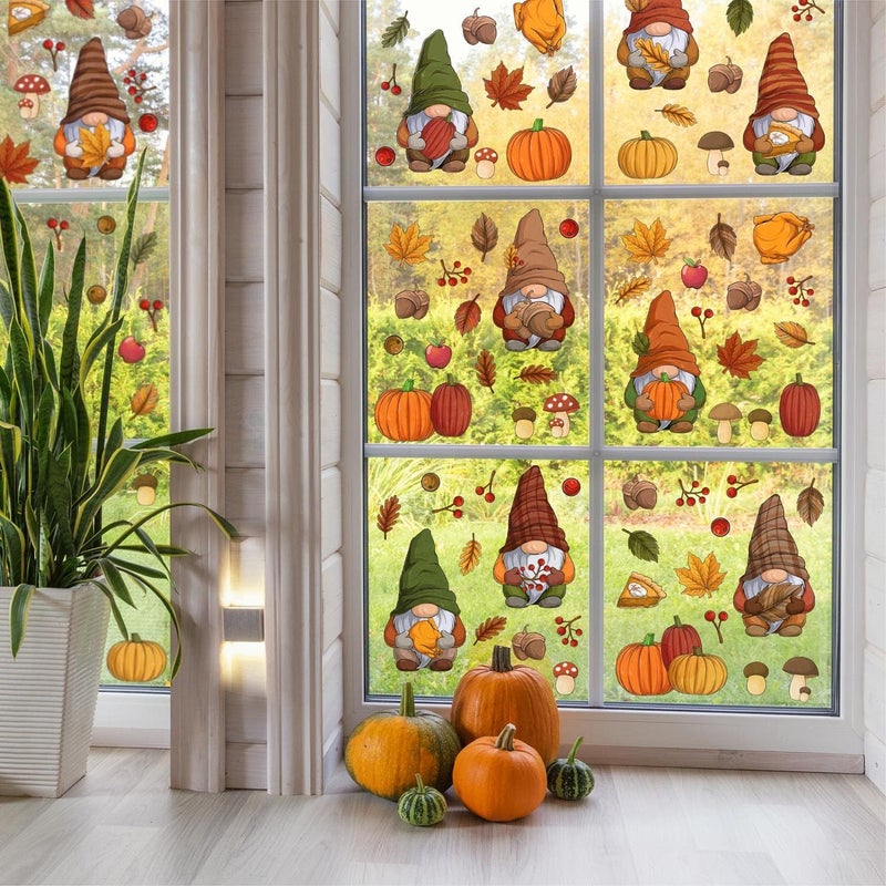 WALPLUS Fall Decor Autumn Window Clings Thanksgiving Decorations Double-Sided Reusable Peel and Stick Removable for Glass Living Room Nursery Room Home Office Thanksgiving Gnomes 102 Pieces - Image 3